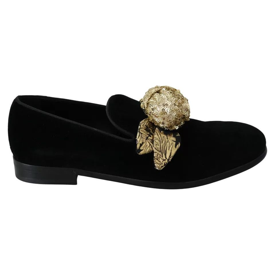 Black Velvet Gold Sequin Embellished Loafers Shoes