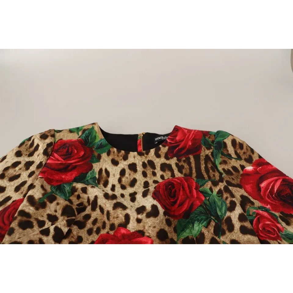 Dolce & Gabbana Brown Leopard Red Roses Cotton A-line Dress brown-leopard-red-roses-cotton-a-line-dress-1