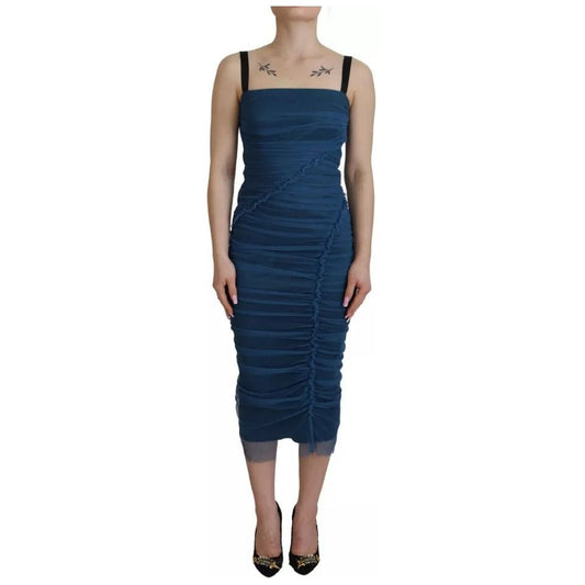 Dolce & Gabbana Blue Mesh Trim Ruched Tulle Sheath Dress blue-mesh-trim-ruched-tulle-sheath-dress-1