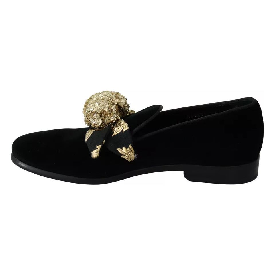 Black Velvet Gold Sequin Embellished Loafers Shoes