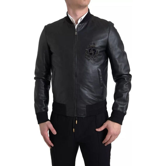 Black Leather Logo Embroidery Full Zip Jacket