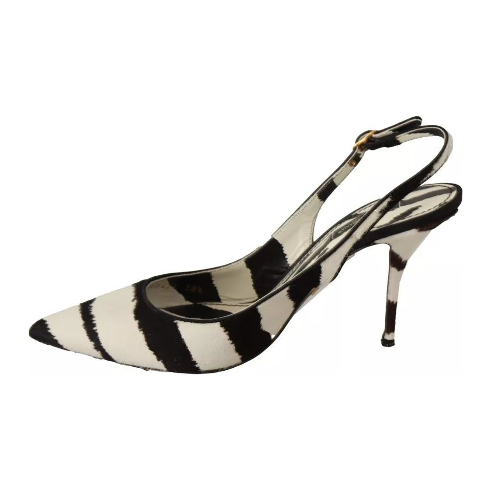 Black White Zebra Leather Heels Slingback Shoes