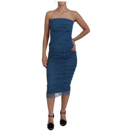 Dolce & Gabbana Blue Mesh Trim Ruched Tulle Sheath Dress blue-mesh-trim-ruched-tulle-sheath-dress