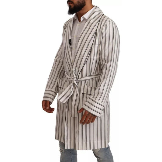 White Striped Cotton Robe Coat Wrap Jacket