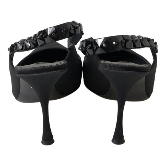 Black Embellished Charmeuse Slingback Heels Shoes