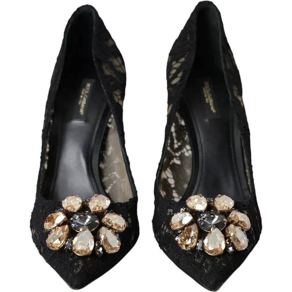 Black Taormina Lace Crystal Heel Pumps Shoes