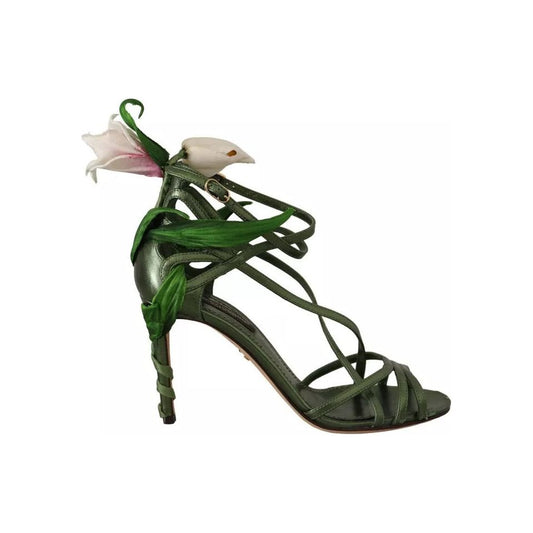 Acid Green Leather Strappy Flower Heels Sandals Shoes