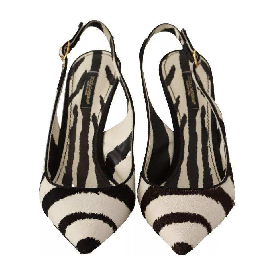 Black White Zebra Leather Heels Slingback Shoes