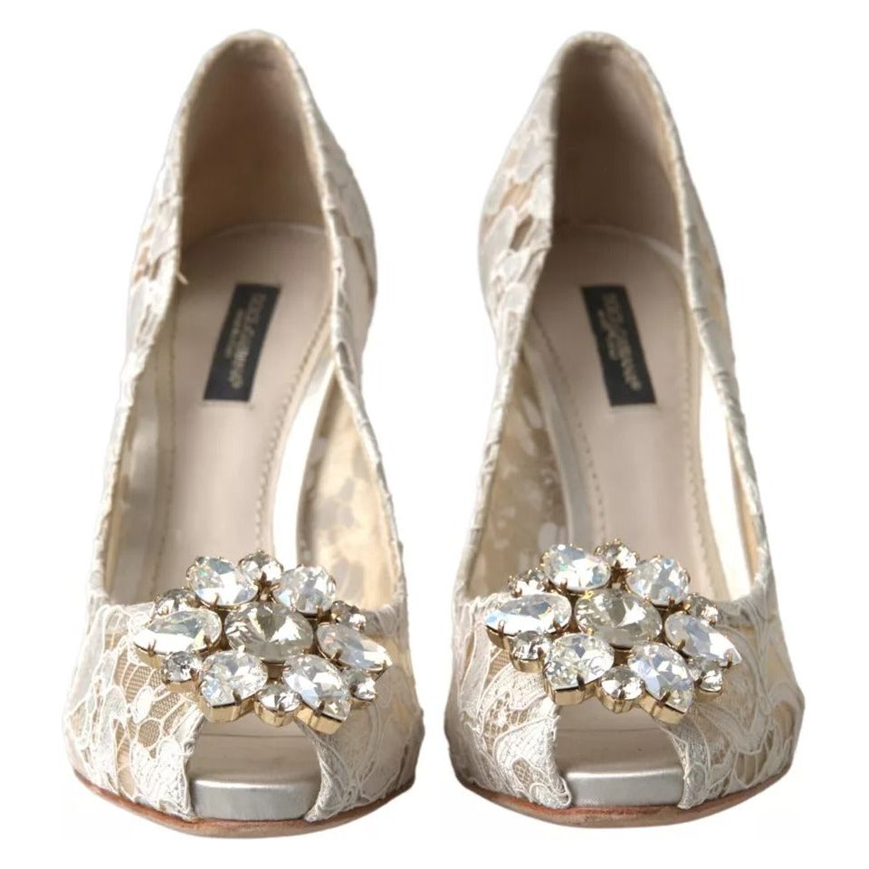 White Taormina Lace Crystal Heels Pumps Shoes