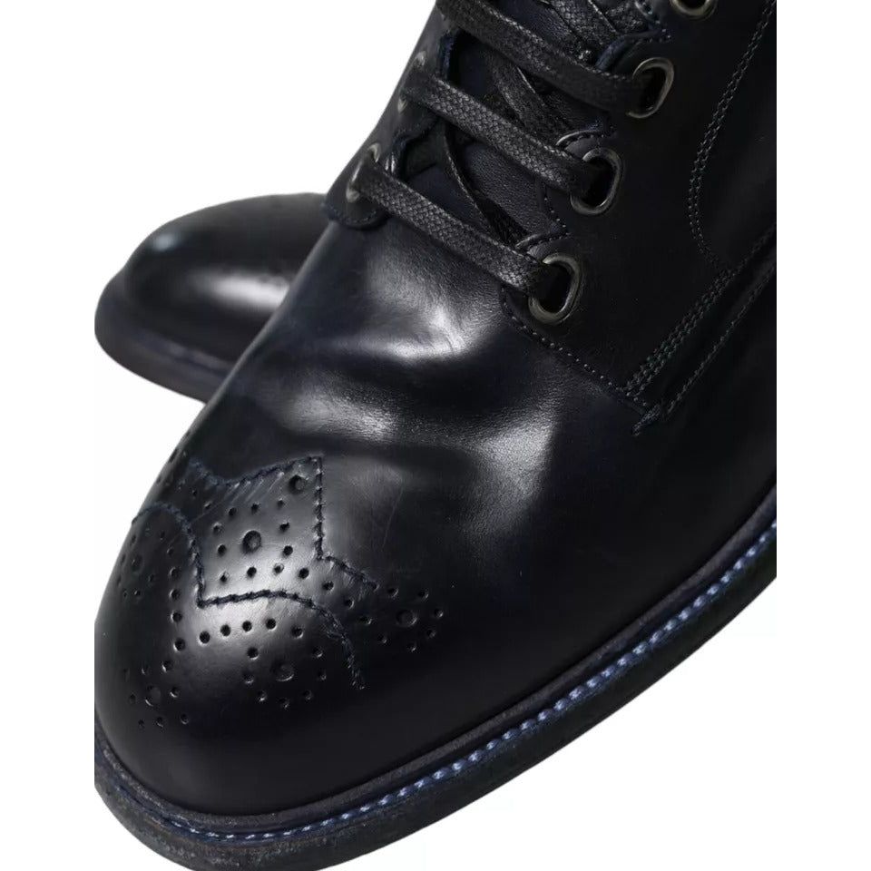 Navy Blue Leather Lace Up Ankle Boots Shoes