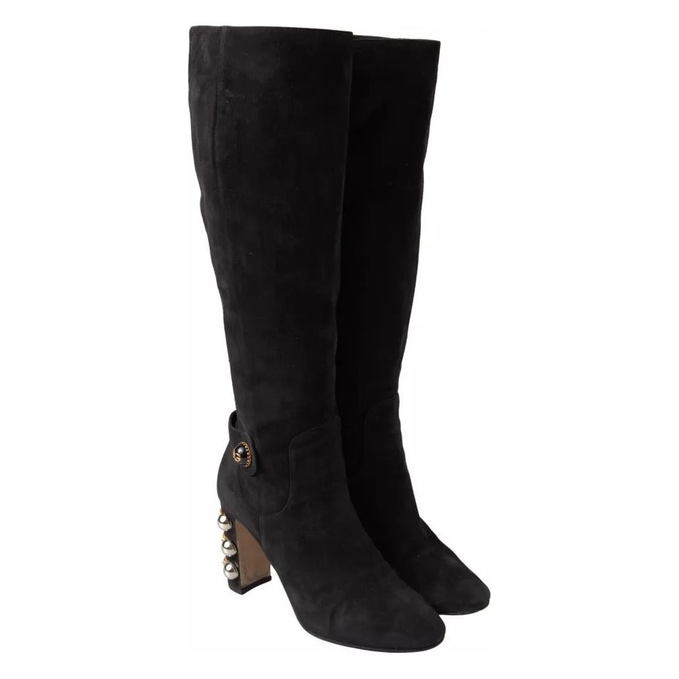 Black Suede Embellished High Boots Shoes