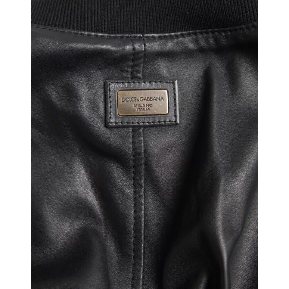 Black Bomber Leather Full Zip Biker Blouson Jacket