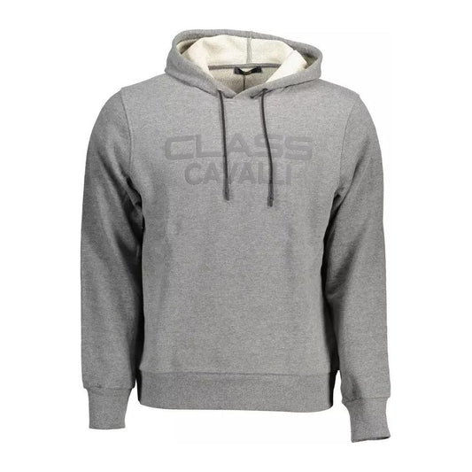 Cavalli Class Chic Gray Hooded Sweatshirt with Logo Print chic-gray-hooded-sweatshirt-with-logo-print