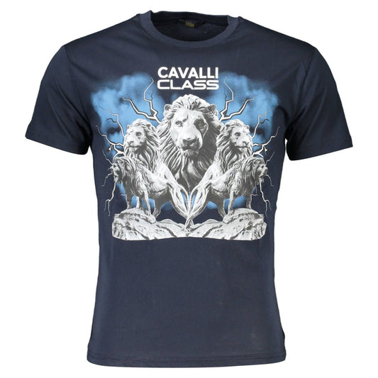 Cavalli Class Elegant Blue Round Neck Tee with Logo Print elegant-blue-round-neck-tee-with-logo-print