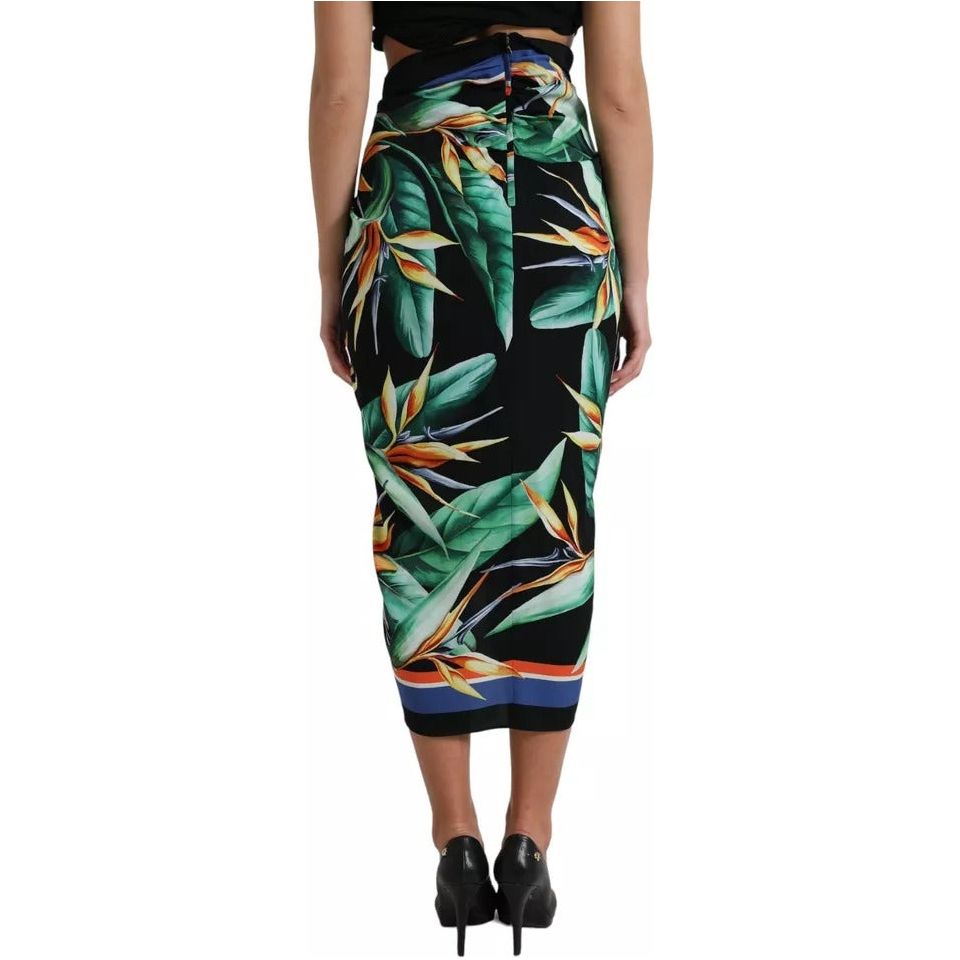 Black Strelitzia High Waist Wrap Midi Skirt