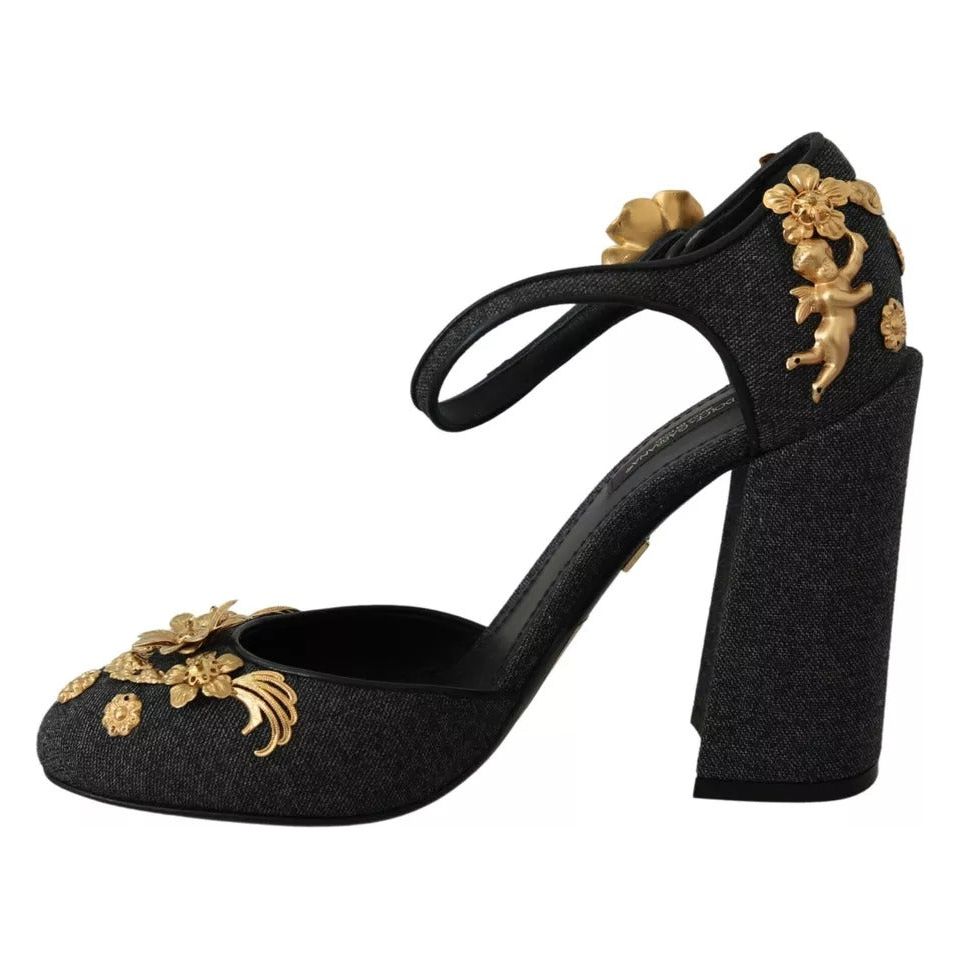 Black Floral Angel Applique Ankle Strap Pumps Shoes