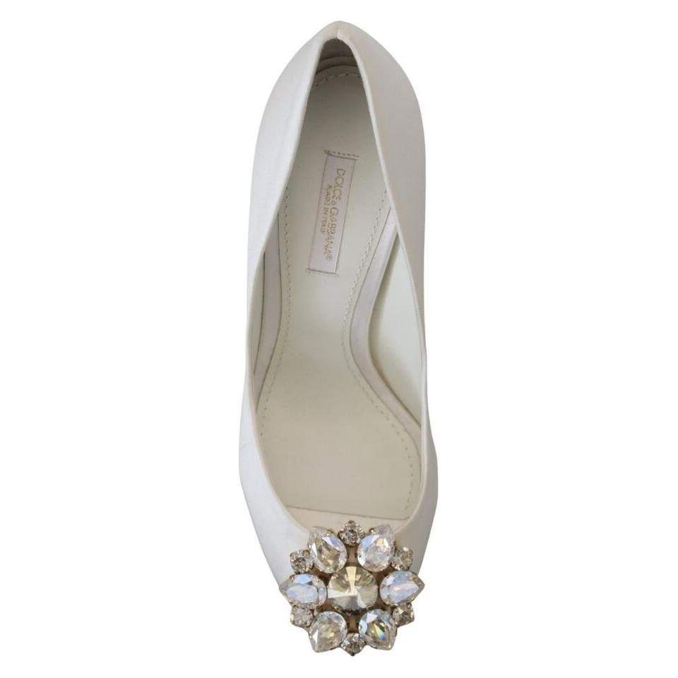 Dolce & Gabbana | Crystal-Embellished White Peep Toe Heels| McRichard Designer Brands   