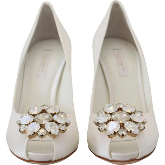 Dolce & Gabbana Crystal-Embellished White Peep Toe Heels white-crystals-peep-toe-heel-satin-pumps