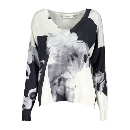 Desigual | V-Neck Contrast Detail Sweater in White| McRichard Designer Brands   