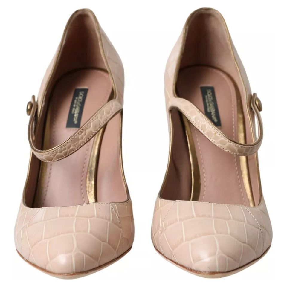 Beige Leather Mary Janes Embellished Shoes