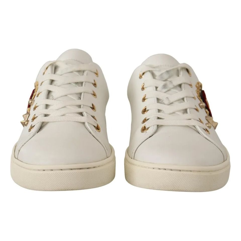 White Leather Gold Red Heart Sneakers Shoes