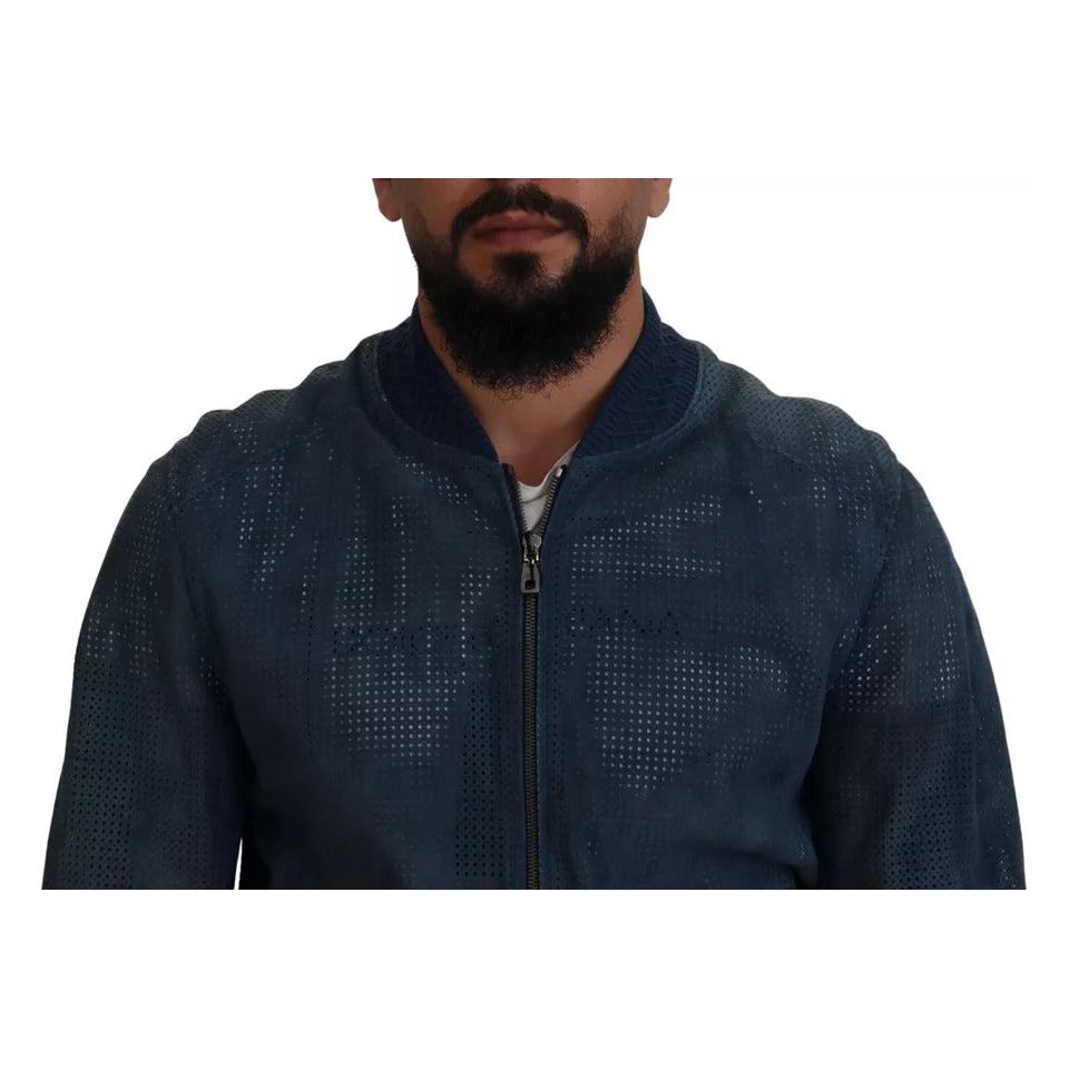 Dolce & Gabbana Blue Leather Perforated Full Zip Jacket blue-leather-perforated-full-zip-jacket