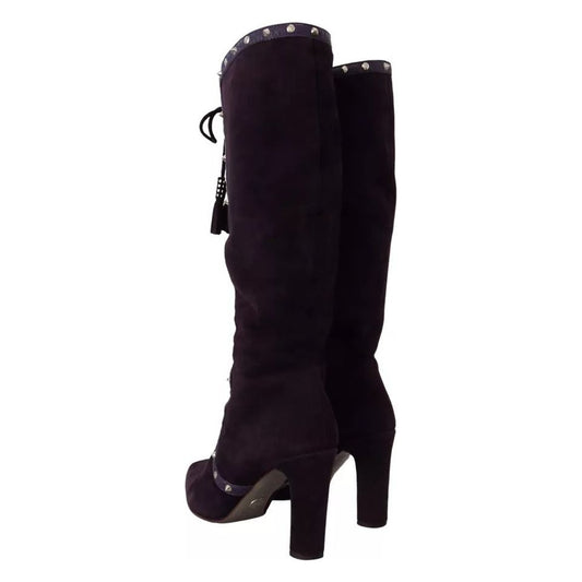 Purple Suede Leather Studded High Boots Shoes