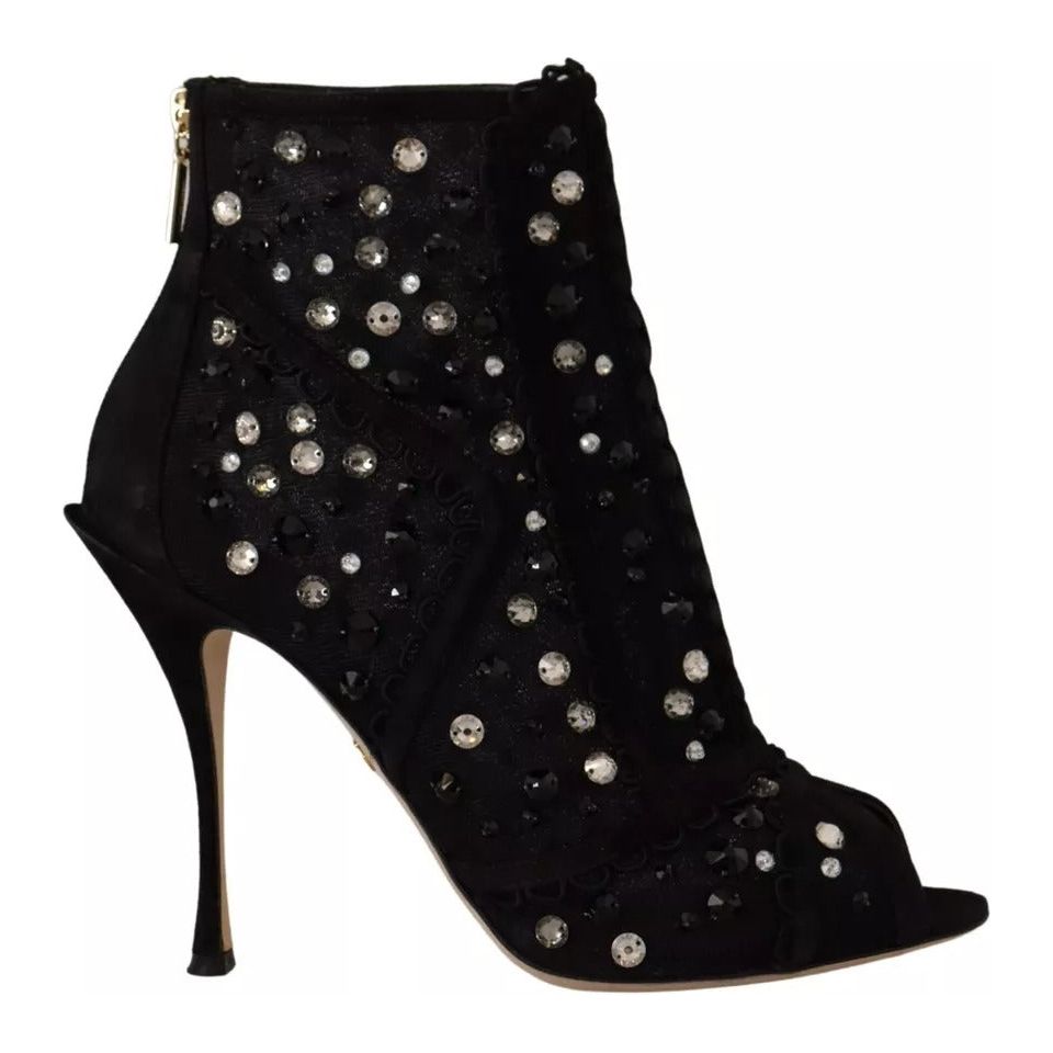 Black Tulle Suede Crystals Heels Boots Shoes