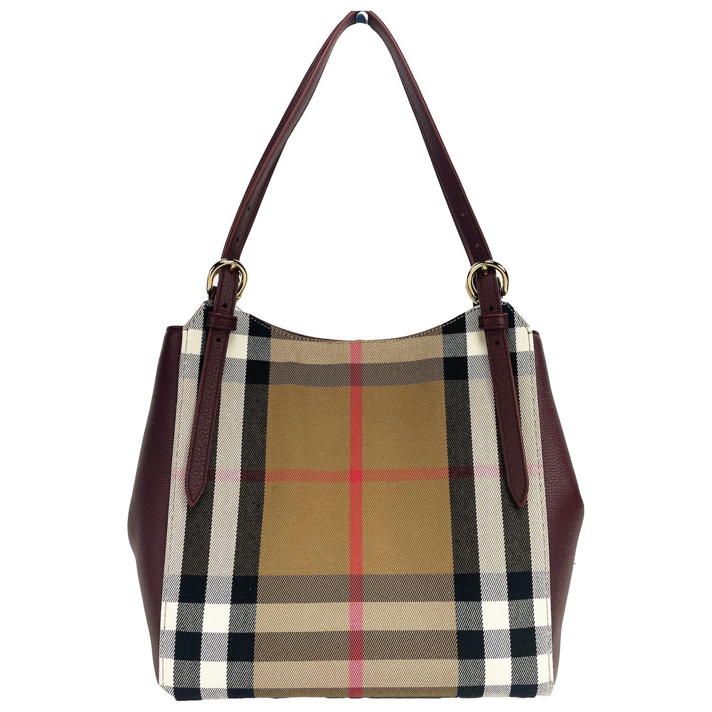 Burberry Small Canterby Mahogany Leather Check Canvas Tote Bag Purse small-canterby-mahogany-leather-check-canvas-tote-bag-purse