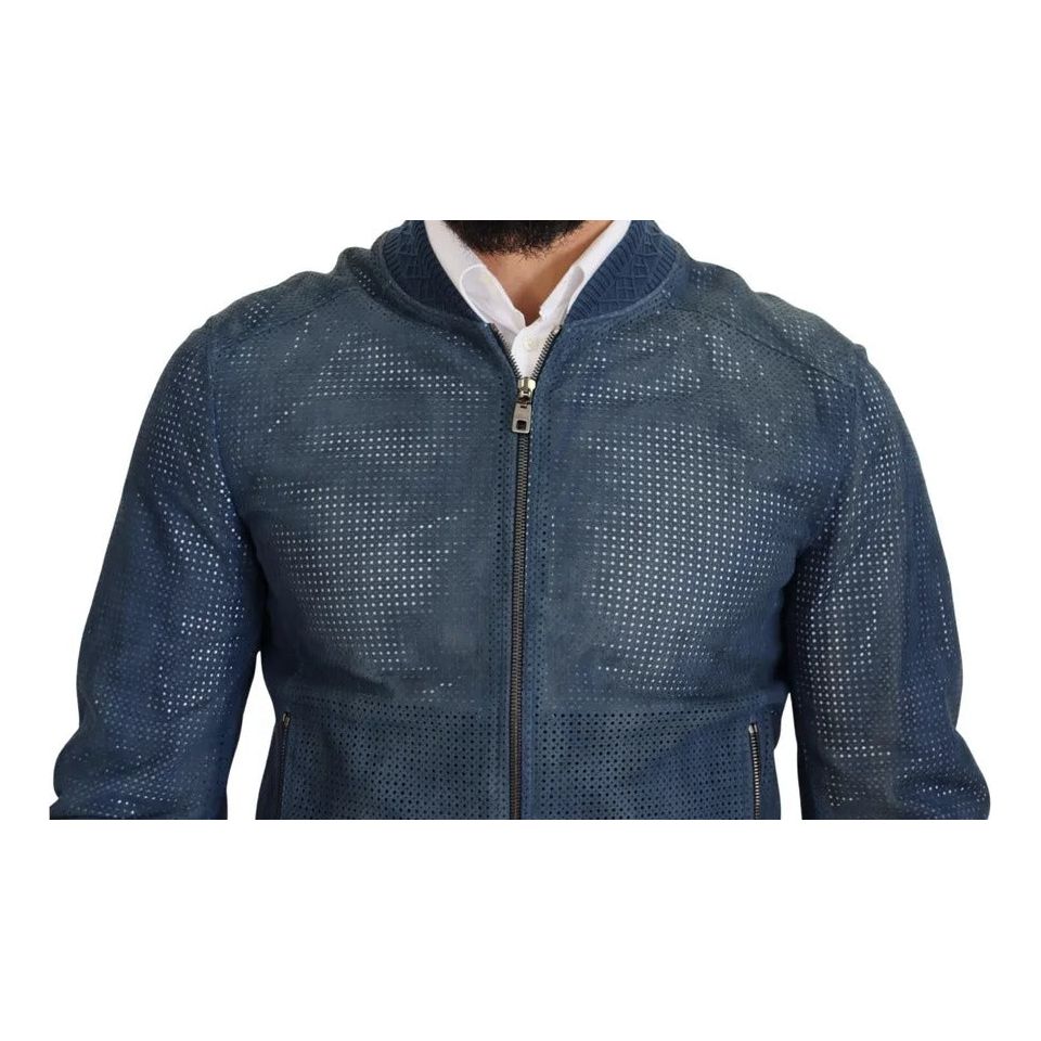 Dolce & Gabbana Blue Leather Perforated Full Zip Jacket blue-leather-perforated-full-zip-jacket-1