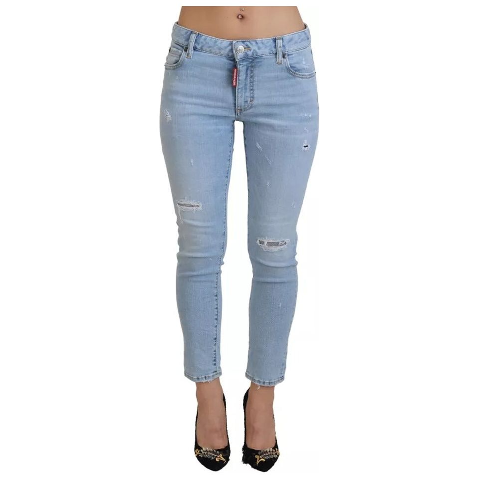Dsquared² Blue Tattered Mid Waist Cropped Twiggy Denim Jeans blue-tattered-mid-waist-cropped-twiggy-denim-jeans