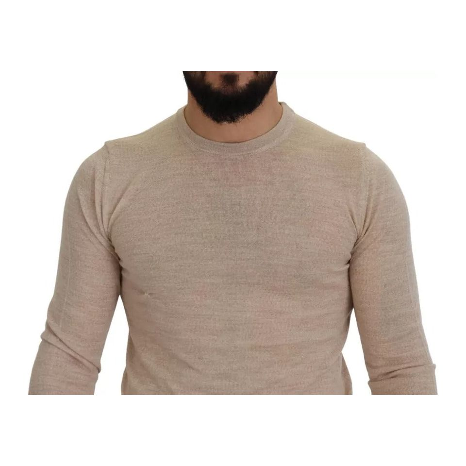 Beige Virgin Wool Crew Neck Pullover Sweater