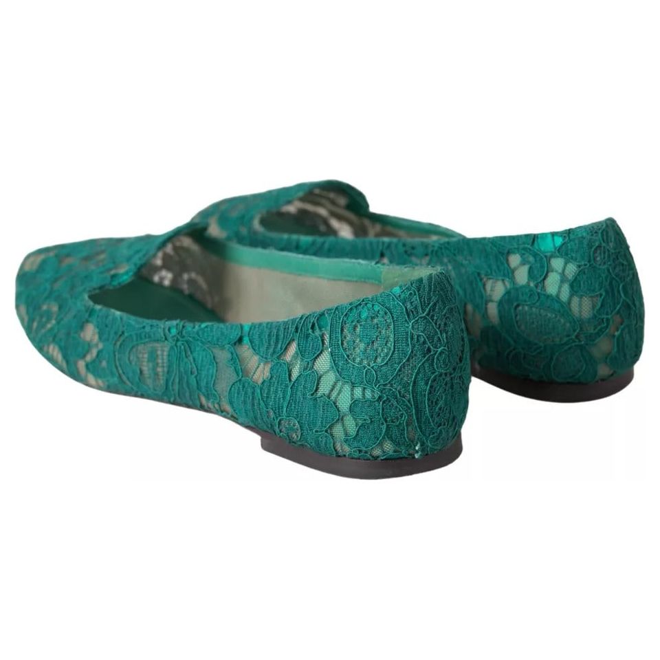 Green Floral Lace Loafers Flats Shoes