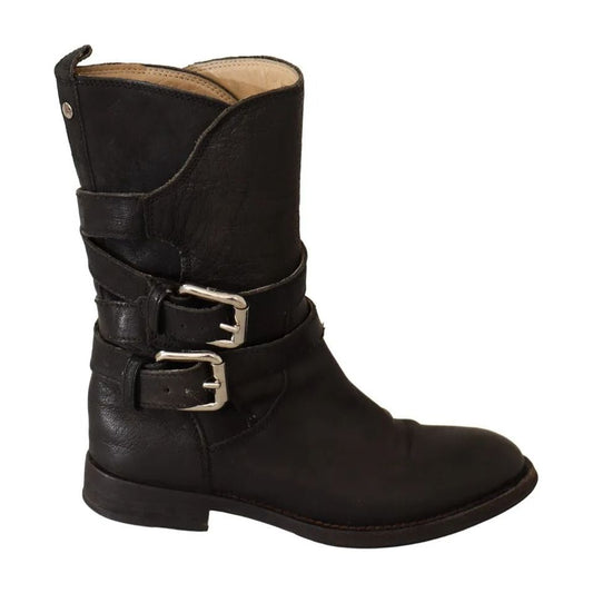 Black Leather Buckle Mid Calf Boots Shoes