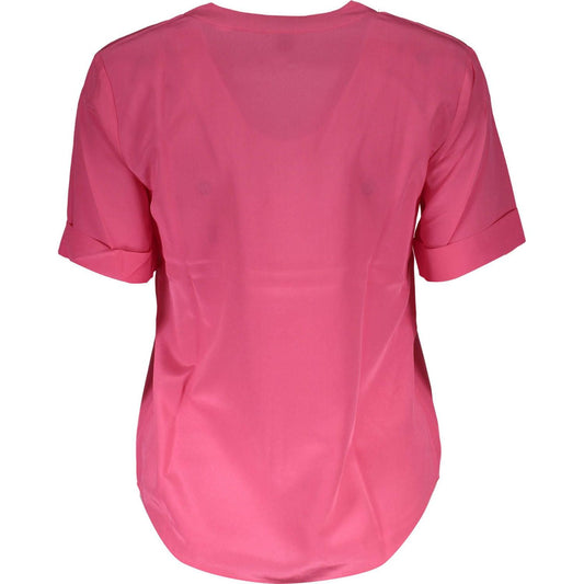Silk V-Neck Tee in Pink with Logo Accents