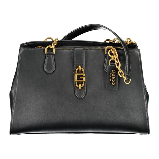 Chic Black Polyurethane Satchel with Contrasting Details