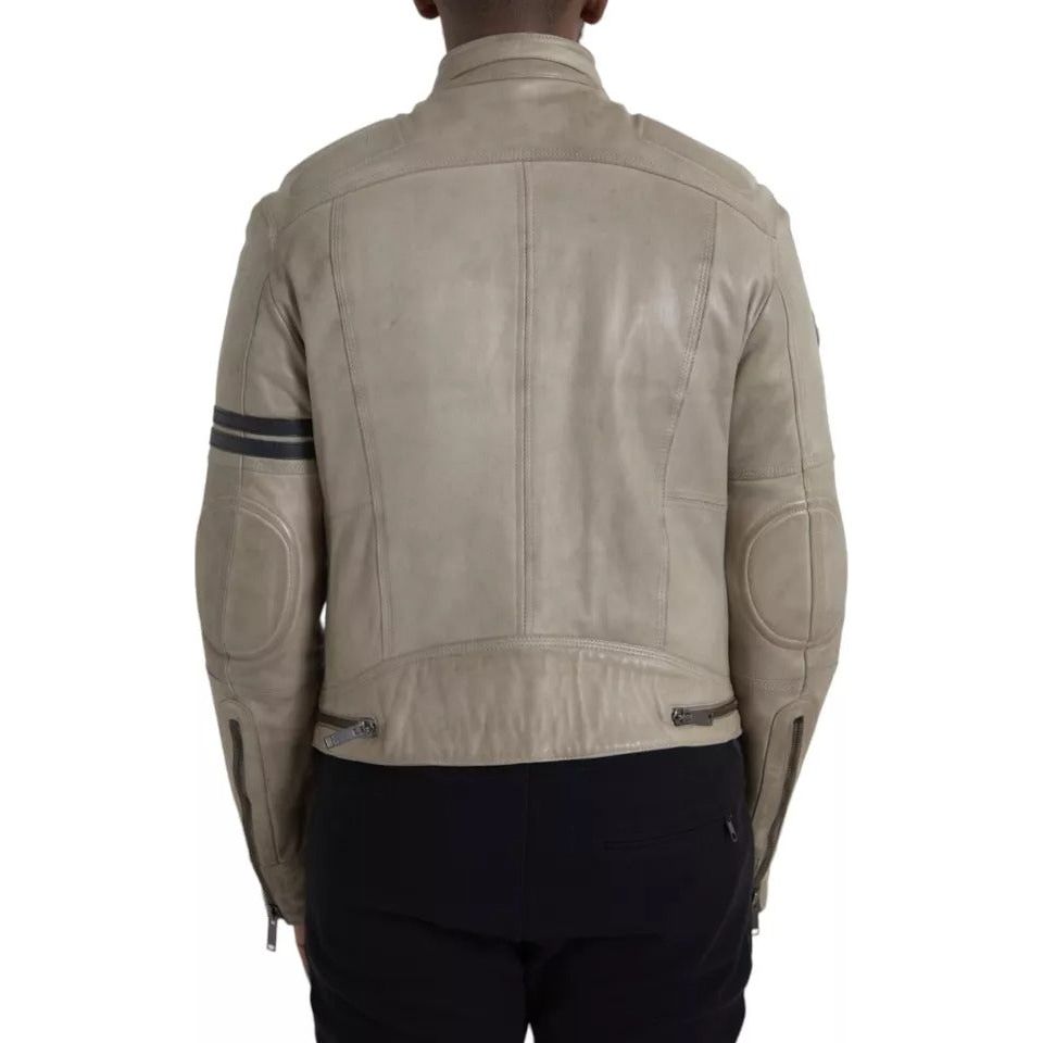 Beige Leather Full Zip Biker Coat Jacket