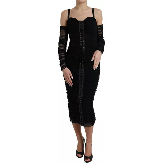 Dolce & Gabbana Black Cold Shoulder Stretch Tulle Midi Dress black-cold-shoulder-stretch-tulle-midi-dress
