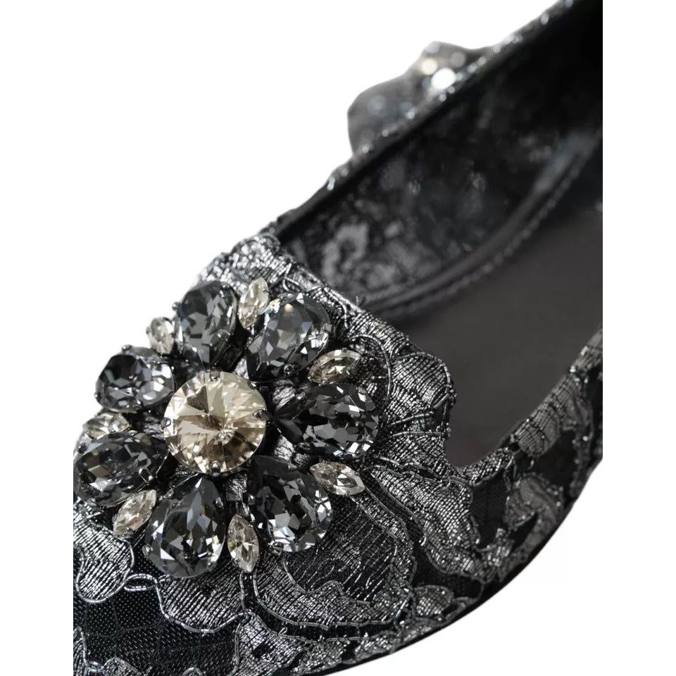 Gray Black Lace Crystal Ballet Loafers Shoes