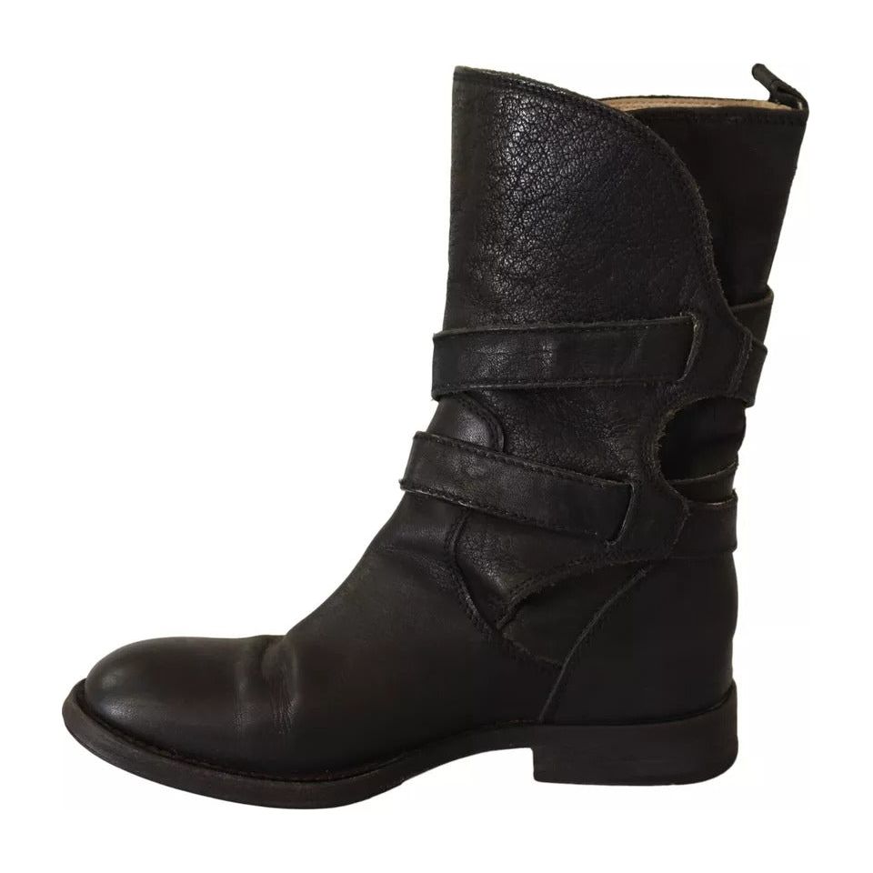 Black Leather Buckle Mid Calf Boots Shoes