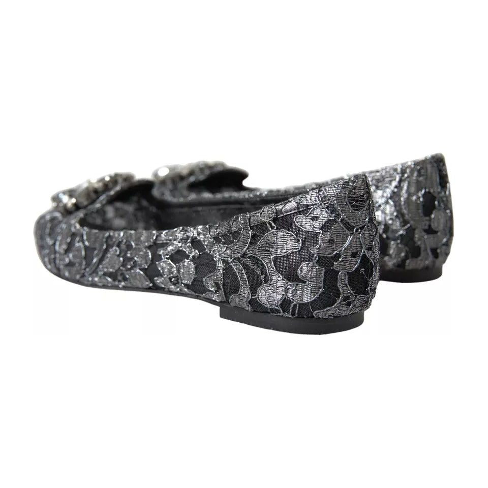 Gray Black Lace Crystal Ballet Loafers Shoes