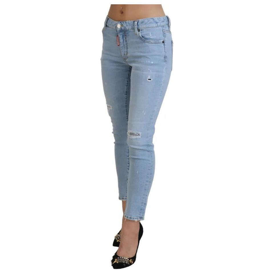 Dsquared² Blue Tattered Mid Waist Cropped Twiggy Denim Jeans blue-tattered-mid-waist-cropped-twiggy-denim-jeans