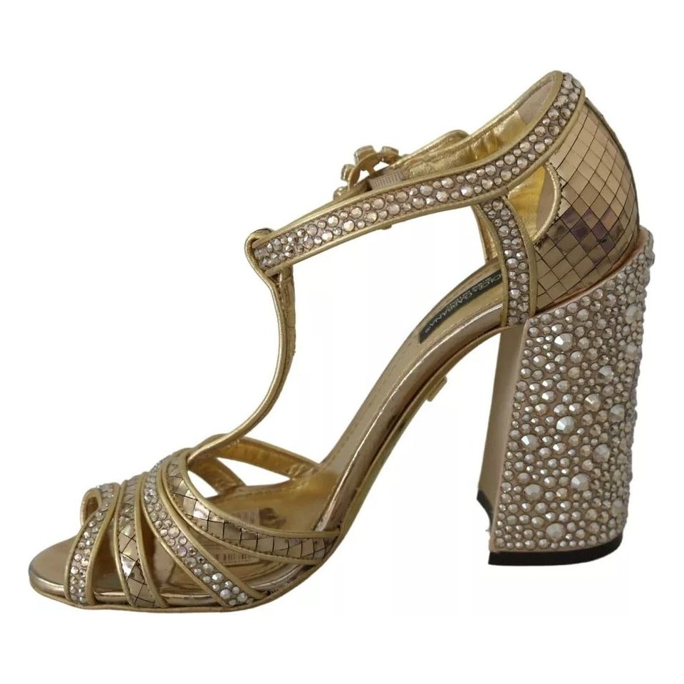 Gold Crystals T-strap Sandals Leather Shoes