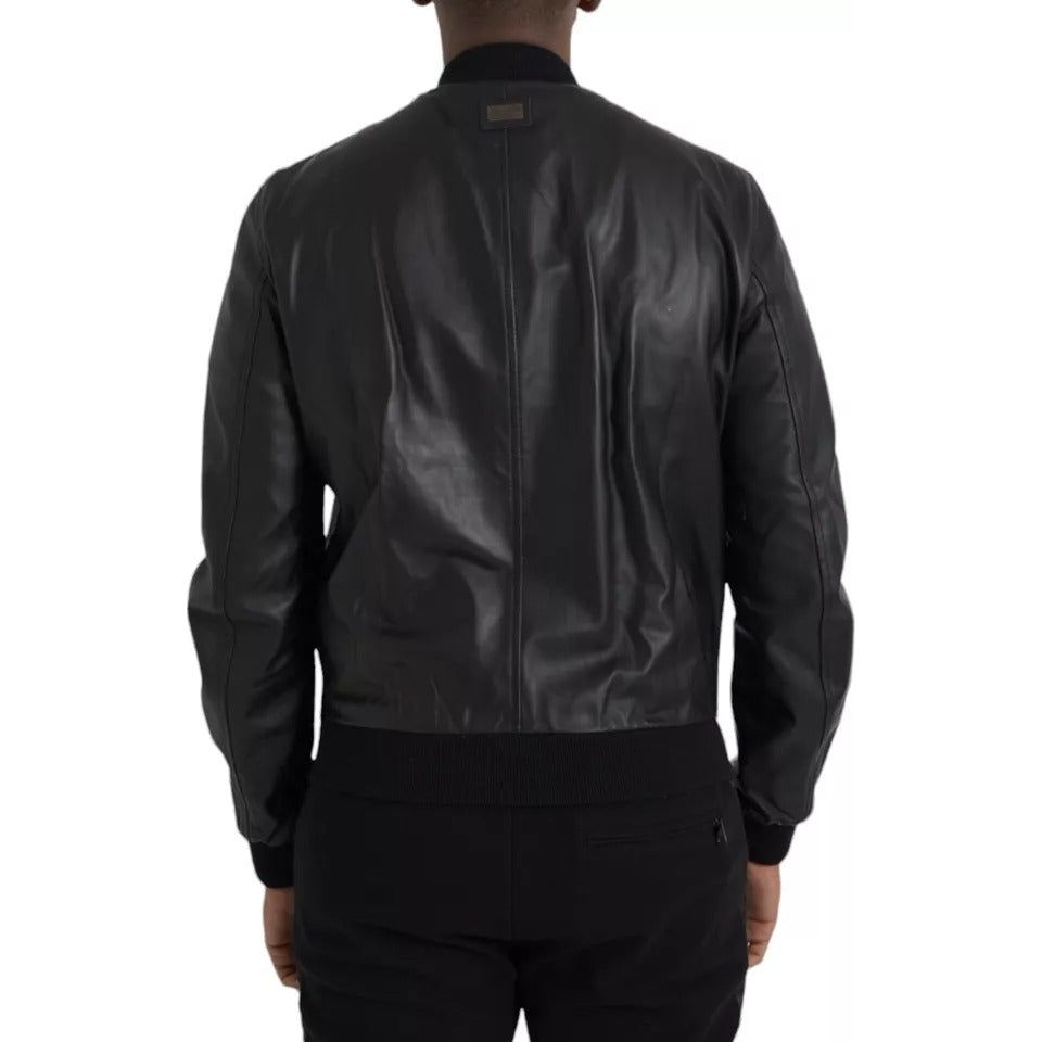 Black Bomber Leather Full Zip Biker Blouson Jacket