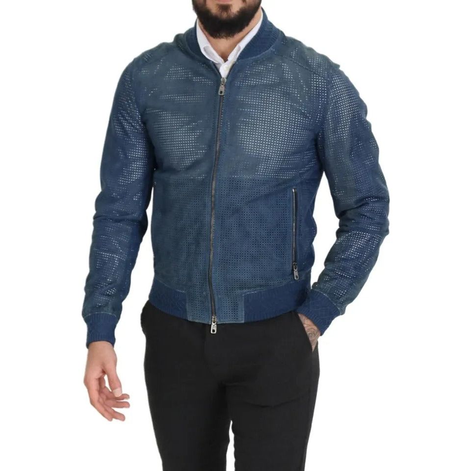 Dolce & Gabbana Blue Leather Perforated Full Zip Jacket blue-leather-perforated-full-zip-jacket-1