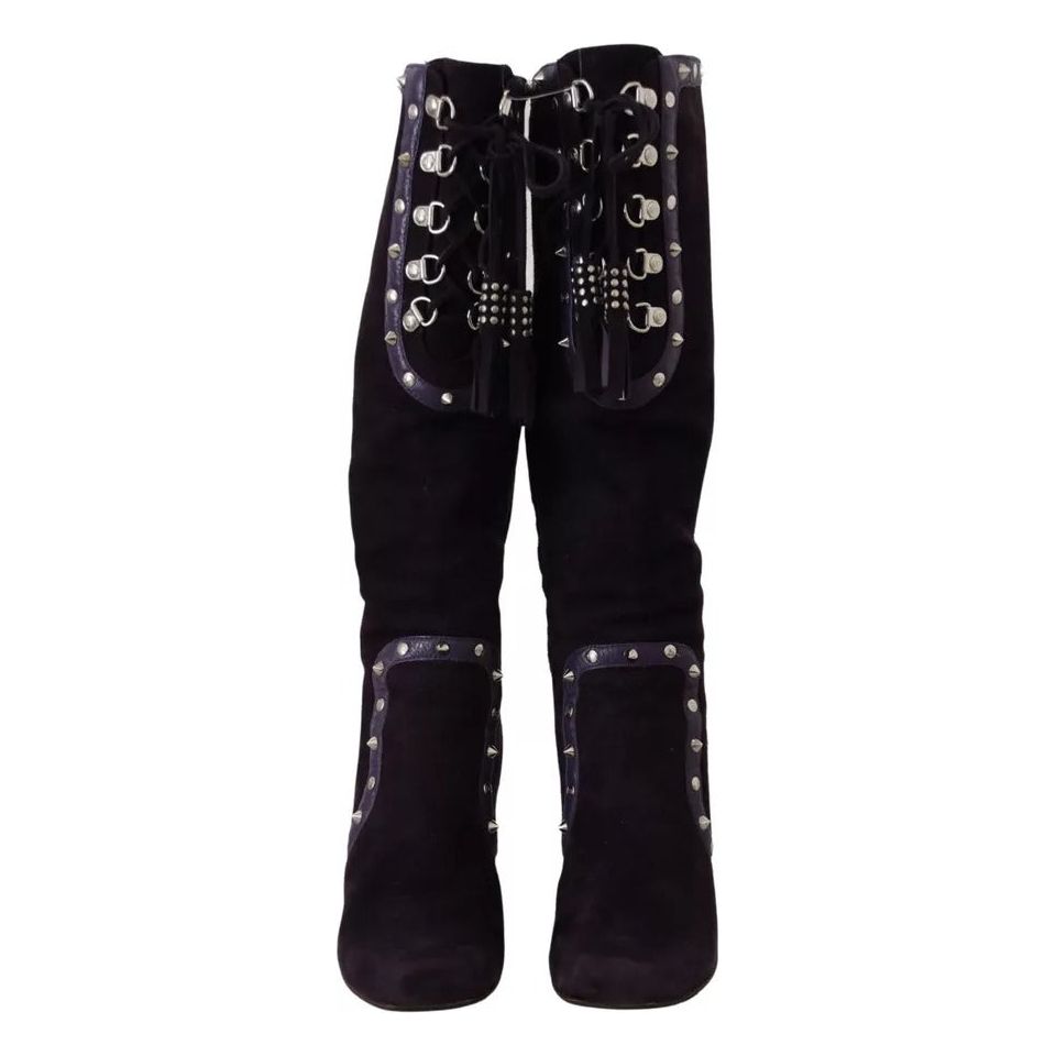 Purple Suede Leather Studded High Boots Shoes