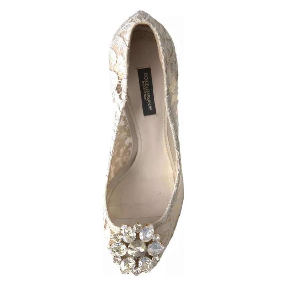 White Taormina Lace Crystal Heels Pumps Shoes
