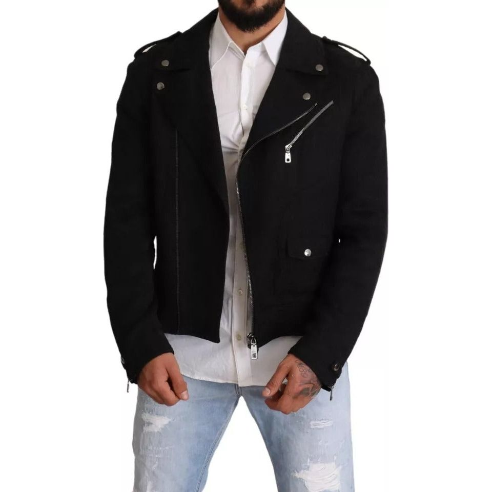 Black Brocade Full Zip Biker Coat Jacket