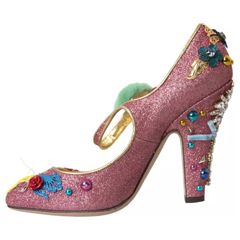 Pink Embellished Fur Mary Jane Pumps Shoes