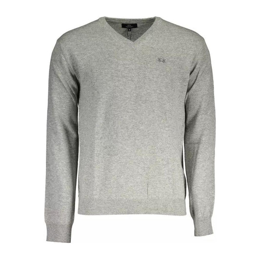 La Martina Elegant Gray V-Neck Luxury Sweater elegant-gray-v-neck-luxury-sweater